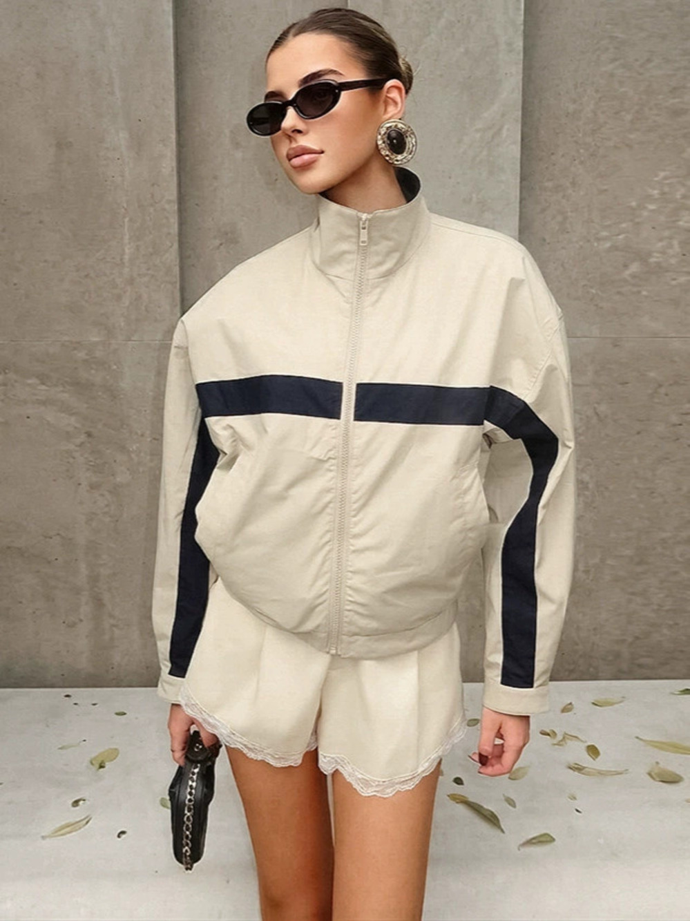Zara Fall Winter Khaki Color Block Stand Collar Windbreaker Jacket